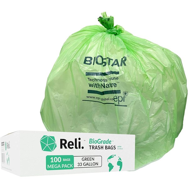 Reli. Biodegradable 33 Gallon Trash Bags (100 Count Bulk) Green Eco Friendly Garbage Bags 30 Gallon, 33 Gallon, 35 Gal Capacity, OXO-Biodegradable Under Certain Conditions (See Product Description)