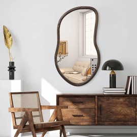 FEUFOAM Asymmetrical Wall Mirror Rustic Farmhouse Irregular Mirrors Wood Framed Mirror for Wall Brown Wall Mirrors Decorative Hanging Mirrors for Wall Living Room Bedroom Entryway
