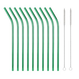 10 Pcs Stainless Steel Straws, Reusable Drinking Straws, Bent Metal Straw Sets with 2 Pcs Cleaning Brushes (Green, 8.5 Inch)