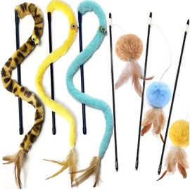 AZOFFYIU Cat Toys for Indoor Toys,Rainbow Cat Wand Toys,Feather Flips Plush Ball Cat Toys,Interactive Feather Toy for Teaser Play and Chase Exercise with Kitten 6 Pack
