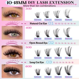 TOOCHUNAG Lash Extension Kit 384pcs Wispy Lash Clusters Kit 30D+40D+50D+60D Mixed Natural Cluster Eyelash Extension Kit 0.05D Individual Lashes with Lash Bond and Seal, Lash Tweezers