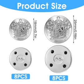 Thinp Pack of 16 Buttons for Sewing, Metal Blazer Buttons, 18 mm/25 mm Decorative Buttons, Silver, Buttons Large, Silver Buttons for Blazer, Jacket Button, Costume Buttons, for Blazer, Suits, Sports