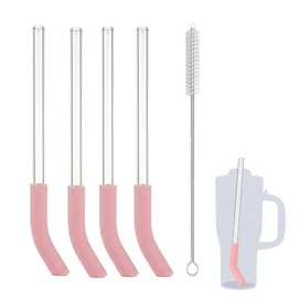 Asix Toy 4 Pack Reusable Glass Straws Compatible with Ninja BlendBoss Travel Tumbler,10mm Straws for Smoothies and Milkshakes,with 4 Silicone Covers and Brush (Glass)