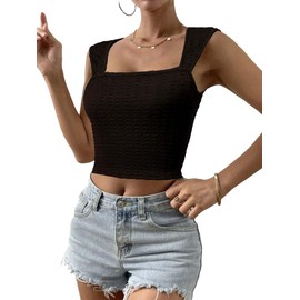 SKYAS Womens Cute Square Neck Ruched Going Out Crop Y2K Tank Tops Basic Trendy Summer Fitted Top Black M