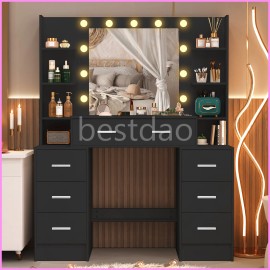 Yamissi Makeup Vanity Desk with Mirror & LED Lights Dressing Table with 7 Drawers Black
