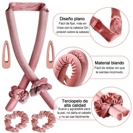 Rizador de Cabello Sin Calor, Cinta para Rizar Sin Calor para Dormir. Rizador Sin Calor con Horquillas y Tirabuzones, para Mujeres con Pelo de Medio a Largo (Rosa)