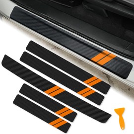 REMOCH Door Sill Protector for Dodge Charger Challenger Durango Accessories Door Entry Guard Sill Protector with Plastic Scraper Carbon Fiber Leather Threshold Stickers（Orange, 5PCS）