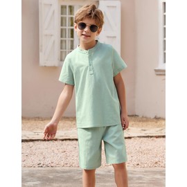 Boys Shorts Set Henley T Shirt+Shorts 2Pcs Boy Outfits Summer Clothes Suit Light Green Size 16