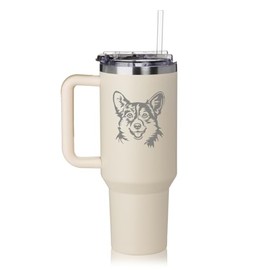 Daylor 40 oz Tumbler with Handle and Straw Lid Stainless Steel Insulated Travel Mug Cup Corgi Face (Cream)