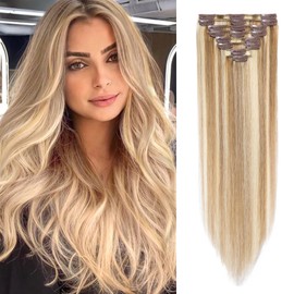 S-noilite Clip-In Real Hair Extensions, Golden Brown/Bleach Blonde, Remy Human Hair, 65 g, 40 cm, Thin Wefts, 8 Wefts, #12/613