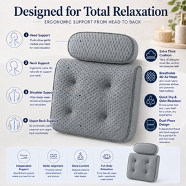 Zyrah Bath Pillows for Tub, Spa Bath Pillow with 72 Micro-Suction Cup Array, 3D Air Mesh Quick Dry, Machine Washable, Ergonomic Neck and Head Cushion for Bathtub - Gray