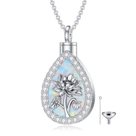 PELOVNY Lotus Opal Urn Necklace for Ashes 925 Sterling Silver July Birth Flower Teardrop Cremation Necklace for Ashes of Loved One Keepsake Memorial Jewelry for Women