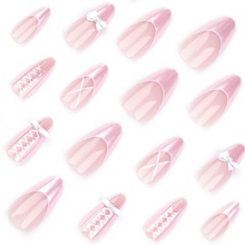 Press On Nails, Beauty Pattern Summer Cute Glue on Nails, Fake Nails, Short Square Almond Ballet Shape on 24PCs (Pink Ballet Bow)