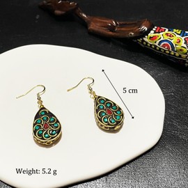 MUNIGSMUR Gold Plated Tibetan Dangle Earrings for Women, Handmade Vintage Traditional Natural Colored Crystal Stone Drop Earrings