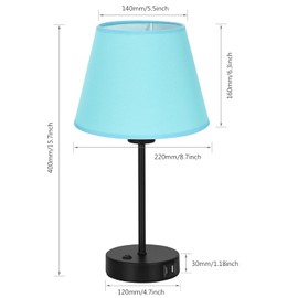 JS NOVA JUNS Set of 2 Table Lamps with USB Ports, Bedside Nightstand Lamps with Blue Fabric Shade for Bedroom Living Room Study Room Office Dorm