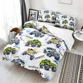 AILONEN Monster Trucks White Duvet Cover Set Queen Size, Tie Dye Truck Car Printed Bedding Set for Kids,Boys,Monster Jam Comforter Cover,3-Piece, 1 Quilt Cover and 2 Pillowcases