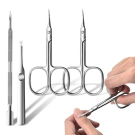 (2-PACK with Pusher) Cuticle Scissors & Nail Scissors - Mirror-Finished Steel Trimmer, Eyebrow, Eyelash, Cuticle Cutter with Curved Design & Comfort Grip