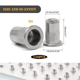 Wkmamo 120 Pcs M8 Rivet Nuts, 304 Stainless Steel Threaded Rivetnut Insert Nutsert, Flat Head Threaded Rivetnut Insert Rivnut Assortment Kit