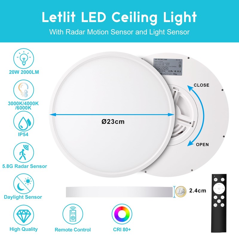Letlit LED Ceiling Light with Radar Motion Sensor, 20 W
