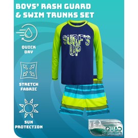Quad Seven Boys Swim Set - 4 Piece Board Shorts Swim Trunks Long Sleeve Rash Guard for Boys Kids Swimwear (Sizes: 5-12), Size 12, Surfs Up/Palm Trees