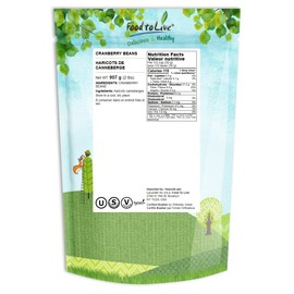 Food to Live - Cranberry Beans, 2 Pounds - Dried Borlotti Beans, Sproutable, Vegan, Kosher, Bulk, Good Source of Folate, Dietary Fiber, Protein