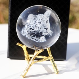 Cheetah Crystal Ball with Gold Metal Stand Decor 3D Laser Leopard Glass Ball Paperweight Animal Ornament Home Room Desk Fengshui Decoration