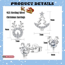 YADOCA 3 Pairs Sterling Silver Christmas Earrings Christmas Gifts for Women Girls Children Hypoallergenic Elk Christmas Tree Snowflake Earrings Christmas Decoration, Sterling Silver
