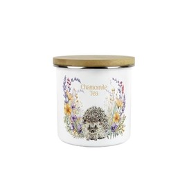 Purely Home Floral Hedgehog Chamomile Tea Storage Canister - Pretty Wildlife Creatures & Foliage Homewares Gifts - White Metal Enamel Medium Sized Kitchen Food/Drinks Storage Container