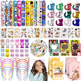 Joyvorite 158Pcs Cat Party Favors Set with Cat Headband Keychains Tattoo Stickers Erasers Slap Bracelets Hairpin Goodie Bags Cat Party Supplies Cat Birthday Decorations Girl Party Favors