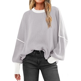 ANRABESS Womens Oversized Sweaters Fall 2025 Fashion Crewneck Batwing Long Sleeve Side Slit Knit Pullover Sweater Tops Beige Grey-L