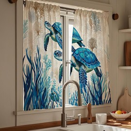 Pakena Nautical Coastal Summer Sea Turtle Kitchen Curtains 36 inches Long Vintage Retro Ocean Sea Cafe Curtain Small Short Bathroom Curtains Window Treatment Tiers Drapes (2 Panels, 52 inches Wide)
