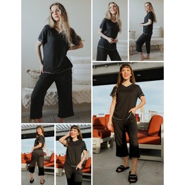 Ekouaer Pajamas for Women Short Sleeve PJS Sets Lounge V Neck Top with Capri Pants 2 Piece Pjs with Pockets Black