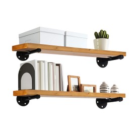 TEN49 Industrial Wood Shelf - 24" Special Walnut Rustic Wooden Wall Shelves with Iron Pipes - Contemporary Interior Decor Floating Shelving with Pipe Brackets - Farmhouse Style Bookshelf Set of 2