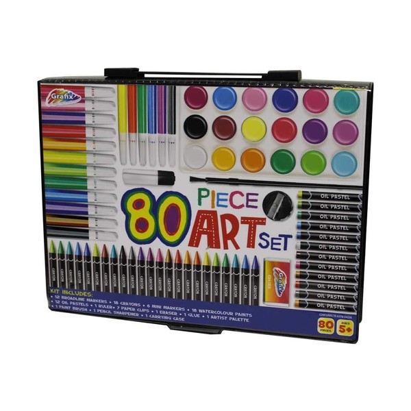 80 Piece Children's Art Set & Gift Case Paints Crayons Pastels Pens Grafix