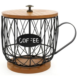 Coffee Pod Holder, Large Capacity Coffee Filter Holder with Wood Lid and Base, Retro Coffee Pod Basket Coffee Pod Organizer Coffee Station Organizer Coffee Bar Accessories for Home Office (Black)