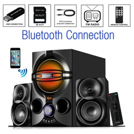 Boytone BT-324F, 2.1 Bluetooth Powerful Home Theater Speaker Systems, with FM Radio, SD USB Ports, Digital Play Back, 40 Watts, RGB Light, Full Function Remote Control, Smartphone, Tablet
