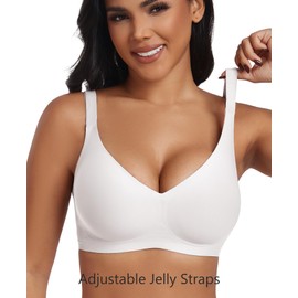 JURDUIR Seamless Bras for Women Wireless No Underwire Comfort Push Up Bra Adjustable Plunge V Neck Bralettes with Bra Extender(White,L)