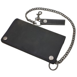 myledershop Genuine Buffalo Full Leather Landscape Format Biker Wallet / Purse / Wallet with Metal Chain with Removable Card Case with RFID & NFC Protection in Vintage Grey, gray, Retro