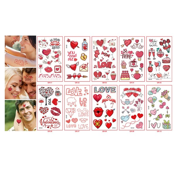 Dzrige 20 Sheets Valentine's Day Heart Tattoo Stickers Romantic Couple Tattoo Stickers Red Heart Lip Print Cupid Rose Bouquet Body Art Painting Emporary Tattoo Stickers for Boys Girls Favor Valentine's Day Party Supplies