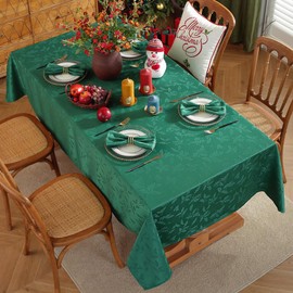 Rectangle Christmas Holiday Tablecloth Jacquard Fabric Table Cloth, Winter Holly Berry Leaf Pattern Spill-Proof Table Cover for Family Gathering Dinner Decor 60×84 Inches Green