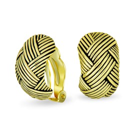 Woven Braided Basket Weave Wide Half Hoop Clip On Earrings Button Style Non Pierced Ears Oxidized Gold Plated Brass