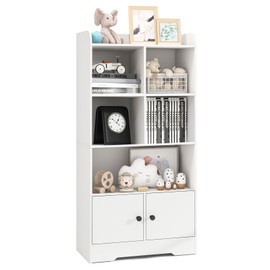 SILKYDRY White Bookcase with Doors, 47.5" Tall Bookshelf with Storage Cabinet, 4-Tier Wooden Display Shelves, 5 Open Compartments, Modern Floor Book Shelf for Playroom, Bedroom, Living Room (White)
