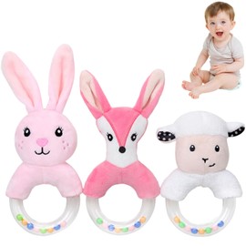 3Pcs Baby rattles Toys for 0-6 Months Sensory Toys for Babies 0-12 Months Early Educational Toy for Toddler Infant Boys Girls Shower Gift (Pink/White)(Fox/Rabbit/Sheep)