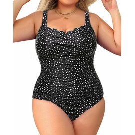 Aqua Eve Women Plus Size Swimsuits One Piece Tummy Control Bathing Suits Retro Scalloped Twist Front Swimwear, Black and White Dot, 20 Plus