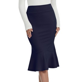 SLOWCOLIN Women's Pencil Skirt High Waist Stretch Work Dressy Casual Midi Bodycon Fishtail Skirt Below Knee Navy Blue L