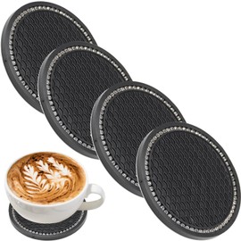 4 Pack Car Coasters Rhinestone Car Cup Coaster, Black Shiny Cup Holder Coaster Universal Anti-Slip Car Cup Pad Crystal Rhinestone Coaster for Cup Holders