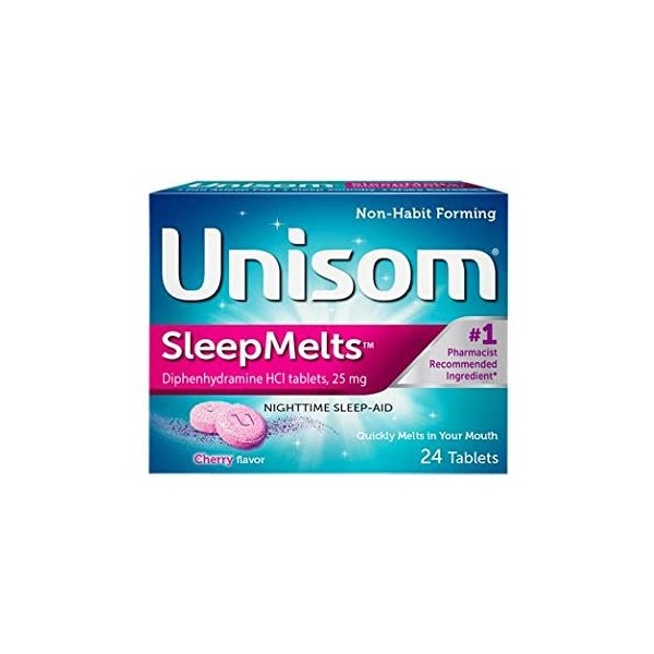 Unisom SleepMelts, Nighttime Sleep-Aid, 25 mg Diphenhydramine HCl, 24 Cherry-Flavored Tablets, (Pack of 2)