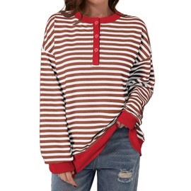 Dokotoo Women's Fashion Hoodies & Sweatshirts Fashion Winter Round Neck Long Sleeve Sweatshirts Color Block Striped Loose Fit Pullovers Fall Tops for Ladies Trendy Resort Wear Brown Medium