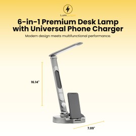 LumiCharge Lamp with Charging Station - Dimmable LED Desk Lamp with Qi 10W Fast Wireless Charger, Motion Sensor, Calendar Display, Alarm Clock, and USB Port, Compatible with Multiple Devices