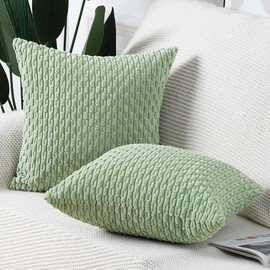 Madizz Pack of 2 Boho Corduroy Cushion Covers 24x24 inch, 60x60 cm, Light Green Soft Decorative Throw Pillow Covers for Bedroom Sofa Pillow Shell